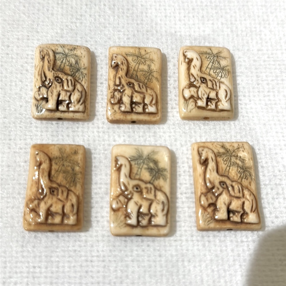 Six hand carved bone elephants square beads hole top and bottom - Picture 3 of 15